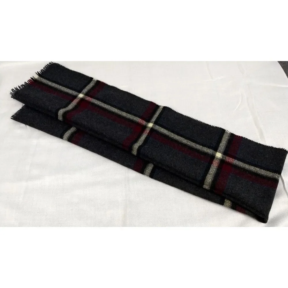 Briggs 100% Virgin Wool Scarf Mens Plaid Dark Grey Cranberry Mini Fringe England